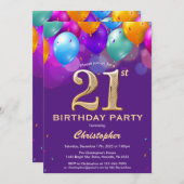 21. Geburtstag Lila und goldene Ballons Einladung (Vorne/Hinten)