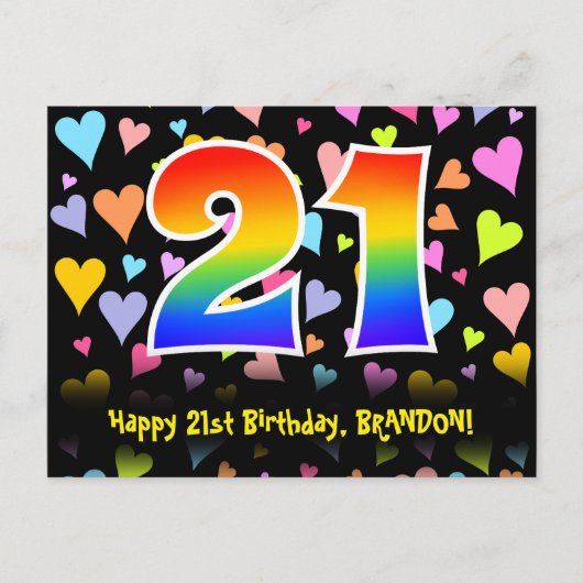 21. Geburtstag: Lustiges Herzen-Muster, Regenbogen Postkarte (Vorderseite)