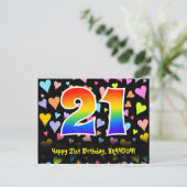 21. Geburtstag: Lustiges Herzen-Muster, Regenbogen Postkarte (Stehend Vorderseite)