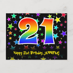 21. Geburtstag: Lustiges Sterne-Muster, Regenbogen Postkarte