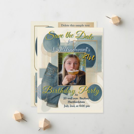 21. Geburtstag Mandelblüte blau-creme Ankündigung (Vorderseite/Rückseite Beispiel)