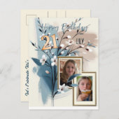 21. Geburtstag Mandelblüte blau-creme Einladungspostkarte (Vorne/Hinten)