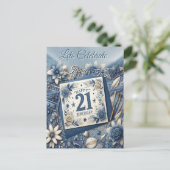 21. Geburtstag Mandelblüte blau-creme Postkarte (Stehend Vorderseite)