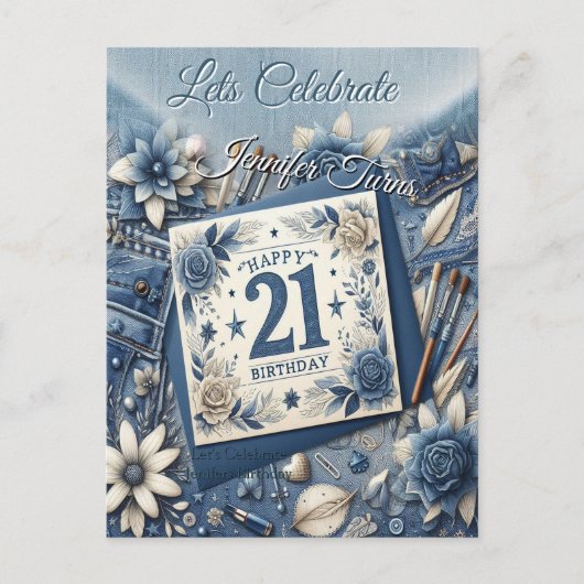 21. Geburtstag Mandelblüte blau-creme Postkarte (Vorderseite)