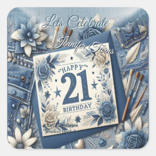 21. Geburtstag Mandelblüte blau-creme Quadratischer Aufkleber