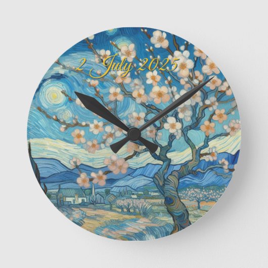 21. Geburtstag Mandelblüte blau-creme Runde Wanduhr (Vorderseite)