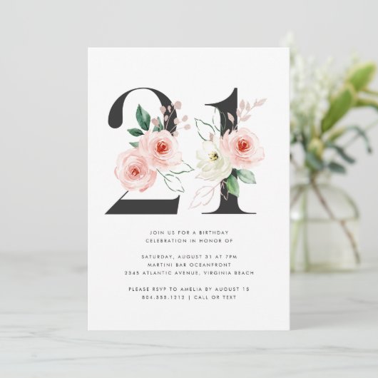 21. Geburtstag Moderne Rose Goldgrün Einladung (Stehend Vorderseite)