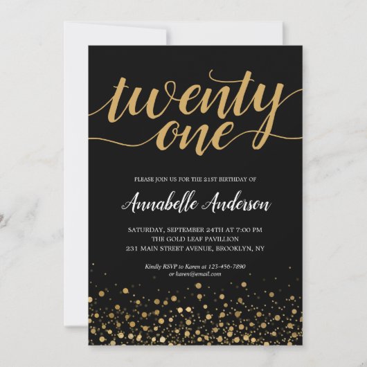 21. Geburtstag Modernes Black Gold Confetti Script Einladung (Vorderseite)