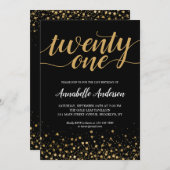 21. Geburtstag Modernes Black Gold Confetti Script Einladung (Vorne/Hinten)