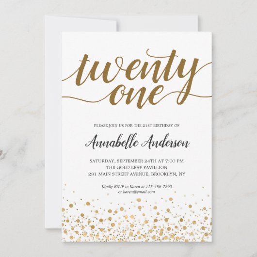 21. Geburtstag Modernes Gold Confetti Dots Script Einladung (Vorderseite)