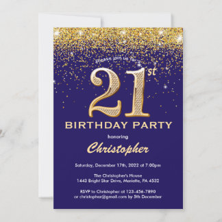 21. Geburtstag Navy Blue und Gold Glitzer Confetti Einladung