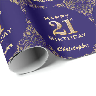 21. Geburtstag Navy Blue und Gold Glitzer Frame Geschenkpapier