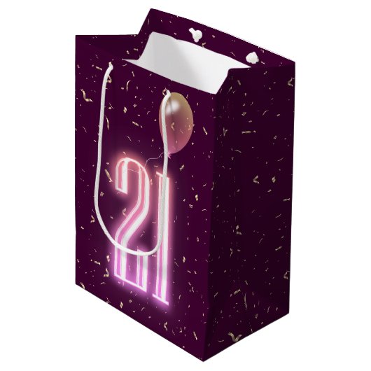 21. Geburtstag Neon Sign und Confetti Mittlere Geschenktüte (Vorderseite Schrägansicht)
