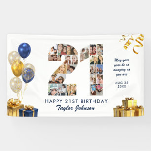 21. Geburtstag Nummer 21 Fotocollage Weiß Gold Banner