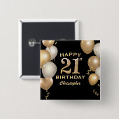 21. Geburtstag Party Black and Gold Balloons Button (Vorne & Hinten)