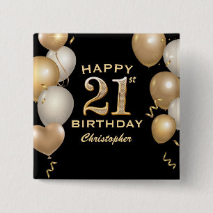 21. Geburtstag Party Black and Gold Balloons Button