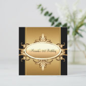 21. Geburtstag Party Black Bronze Gold Einladung (Stehend Vorderseite)