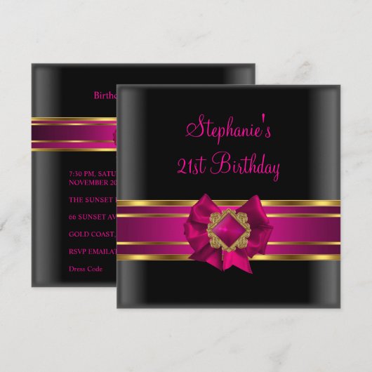21. Geburtstag Party Black Pink Silk Gold Jewel Einladung (Vorne/Hinten)