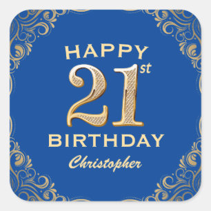 21. Geburtstag Party Blau und Gold Glitzer Rahmen Quadratischer Aufkleber