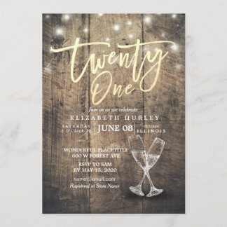 21. Geburtstag Party Champagner Brille Wood Lights Einladung