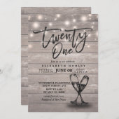 21. Geburtstag Party Champagner Brille Wood Lights Einladung (Vorne/Hinten)