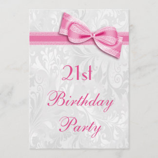 21. Geburtstag Party Damask and Pink Imitats Bow Einladung