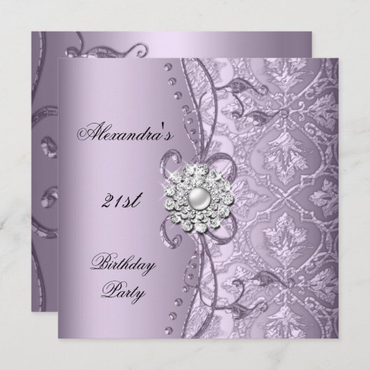 21. Geburtstag Party Damask Lilac Jewel Image Einladung (Vorne/Hinten)