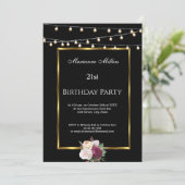 21. Geburtstag Party Fairy Lights Rose Schwarz Einladung (Stehend Vorderseite)