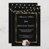 21. Geburtstag Party Fairy Lights Rose Schwarz Einladung (Vorne/Hinten)