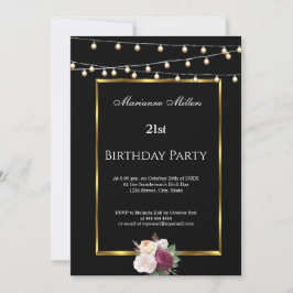 21. Geburtstag Party Fairy Lights Rose Schwarz Einladung