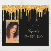 21. Geburtstag Party Foto Schwarzer Glitzer Glasur Schaumweinetikett (Einzelnes Label)