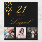 21. Geburtstag Party Foto Schwarzes Gold gesetzlic Weinetikett (Einzelnes Label)