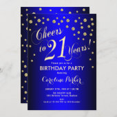 21. Geburtstag Party - Gold Royal Blue Einladung (Vorne/Hinten)