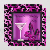 21. Geburtstag Party Hot Pink Leopard Martini Einladung (Vorne/Hinten)
