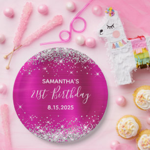 21. Geburtstag Party Hot Pink und Silver Glitzer Pappteller