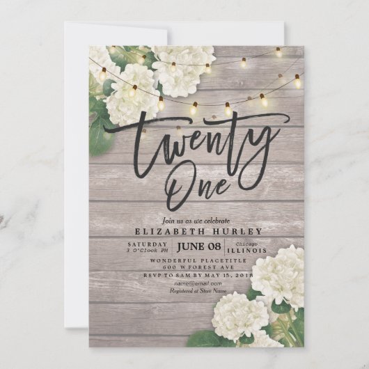21. Geburtstag Party Hydrangea Blume Lights Wood Einladung (Vorderseite)