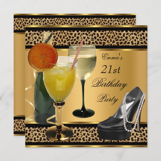 21. Geburtstag Party Leopard Drinks Schuhe Einladung (Vorne/Hinten)