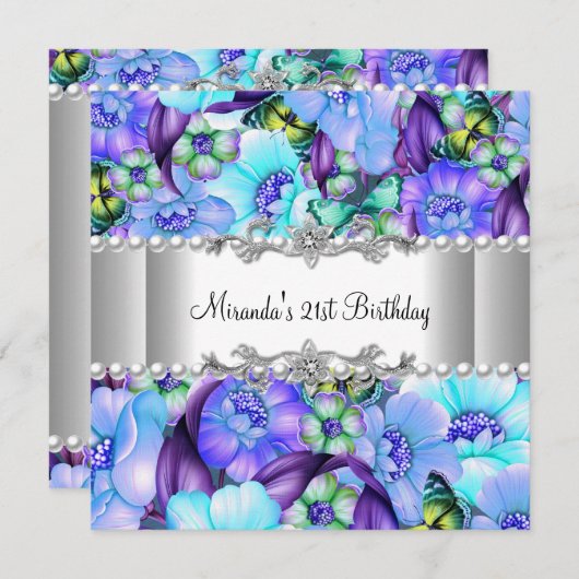 21. Geburtstag Party Lila Blütenperle Einladung (Vorne/Hinten)