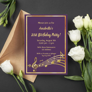21. Geburtstag Party lila Goldgold-Musiknoten Einladung