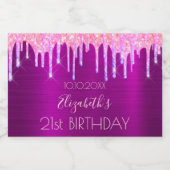 21. Geburtstag Party lila rosa Glitzer Tropfen Schaumweinetikett (Einzelnes Label)