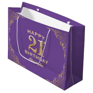 21. Geburtstag Party Lila und Gold Glitzer Rahmen Große Geschenktüte