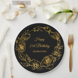 21. Geburtstag Party Luxe Gold Rose Floral Black Pappteller