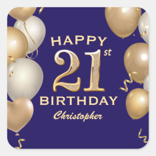 21. Geburtstag Party Navy Blue und Gold Balloons Quadratischer Aufkleber