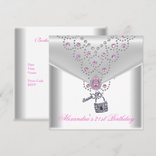 21. Geburtstag Party Overlay Pink Jewel Lock Einladung (Vorne/Hinten)