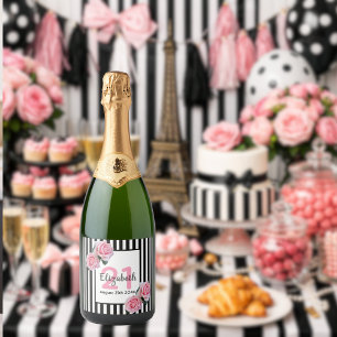21. Geburtstag Party rosa Rosen Schwarz-weiße Stre Schaumweinetikett