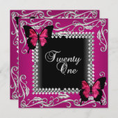 21. Geburtstag Party Rosa Schwarze Schmetterlinge Einladung (Vorne/Hinten)