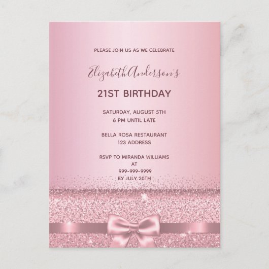 21. Geburtstag Party Rose Gold Funkeln Einladung Postkarte (Vorderseite)