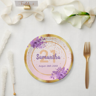 21. Geburtstag Party Rose Gold lila Floralnamen Pappteller