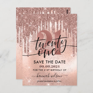 21. Geburtstag Party Rose Gold Save the Date Postkarte