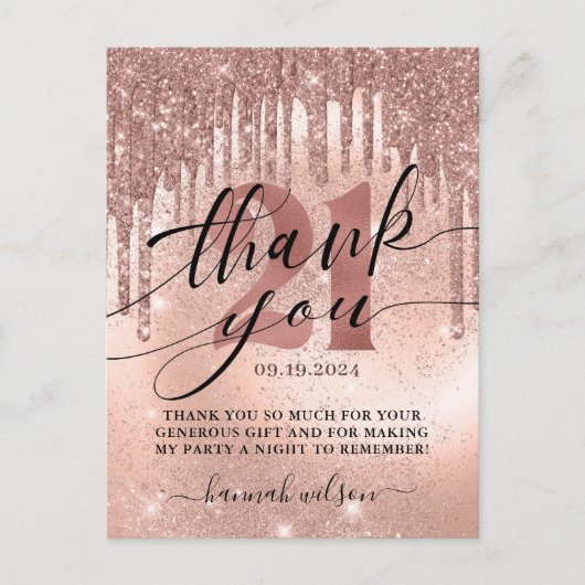21. Geburtstag Party Rose Gold Vielen Dank Postkarte (Vorderseite)